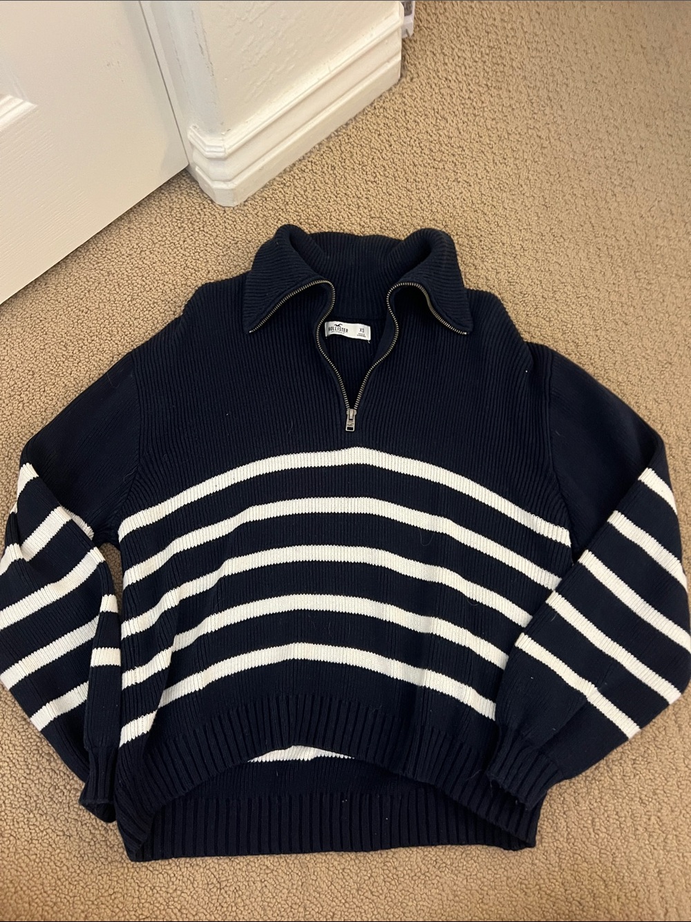 Hollister Navy and White Striped Half-Zip Sweater